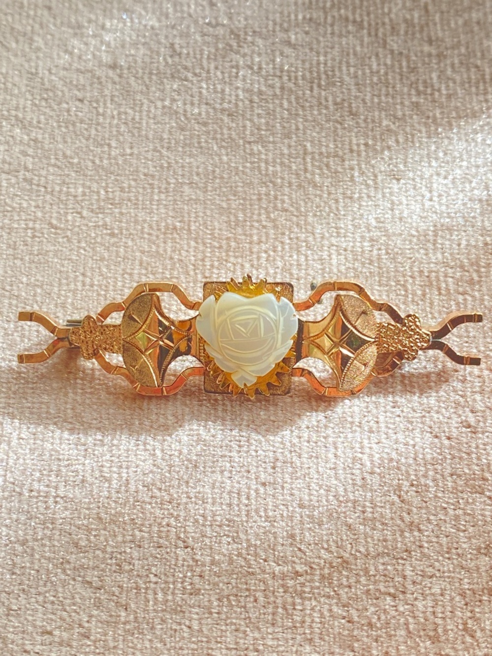 Antique Vintage Gold Tone C Clasp Brooch Upcycled Carved Rose Center